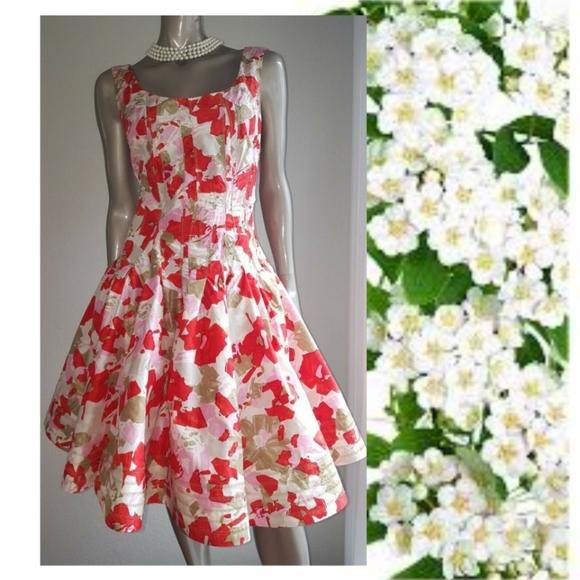 *$5,000 OSCAR DE LA RENTA STUNNING WHT RED PINK FLORAL SILK RUNWAY DRESS US 10 - Picture 5 of 13